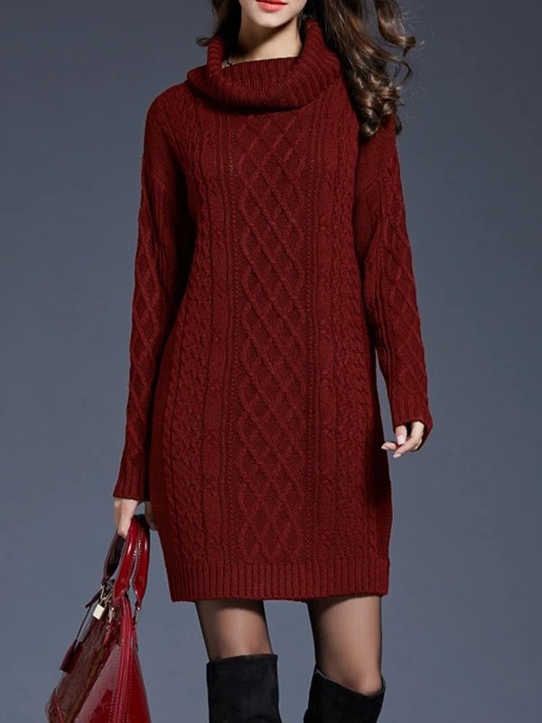 Vestido Suéter de Cuello Alto en Punto Trenzado Grueso para Mujer