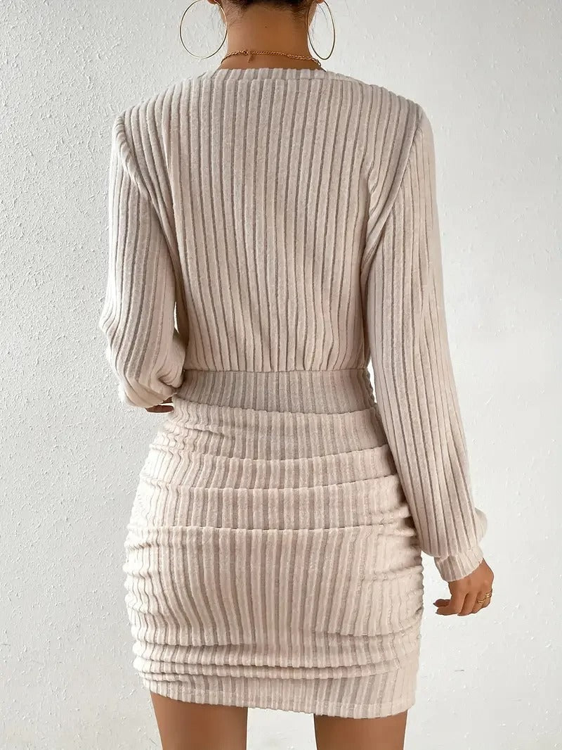 V Neck Ribbed Sweater Mini Dress for Women