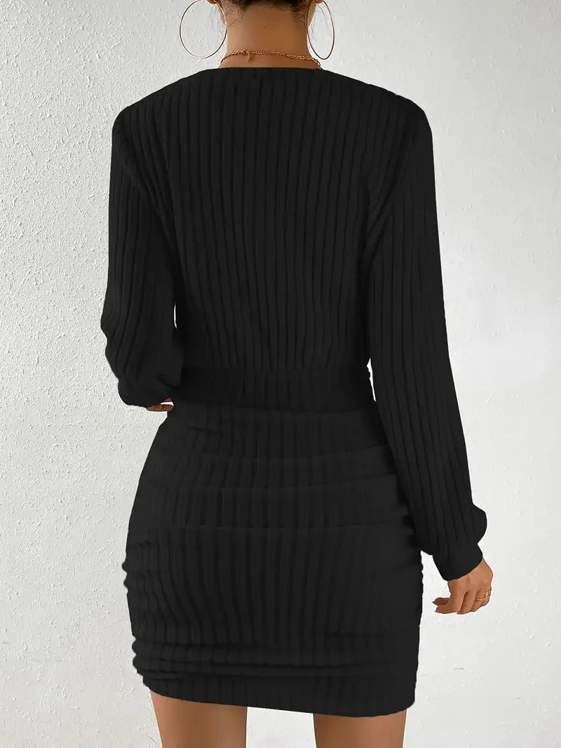 V Neck Ribbed Sweater Mini Dress for Women