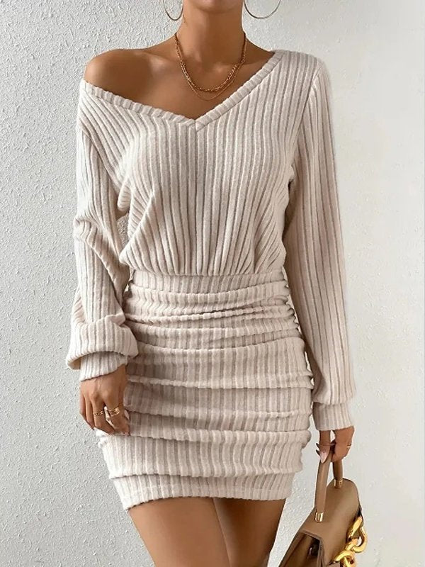V Neck Ribbed Sweater Mini Dress for Women