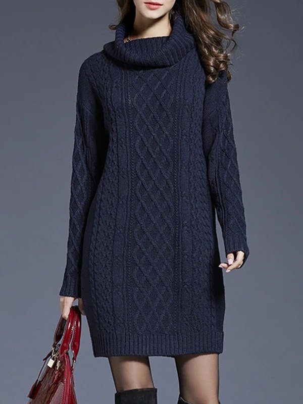 Vestido Suéter de Cuello Alto en Punto Trenzado Grueso para Mujer