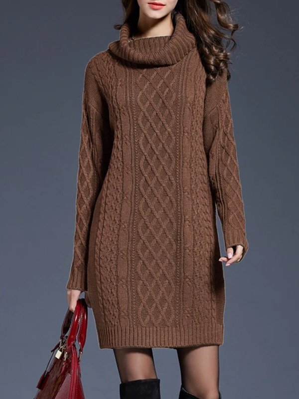 Vestido Suéter de Cuello Alto en Punto Trenzado Grueso para Mujer
