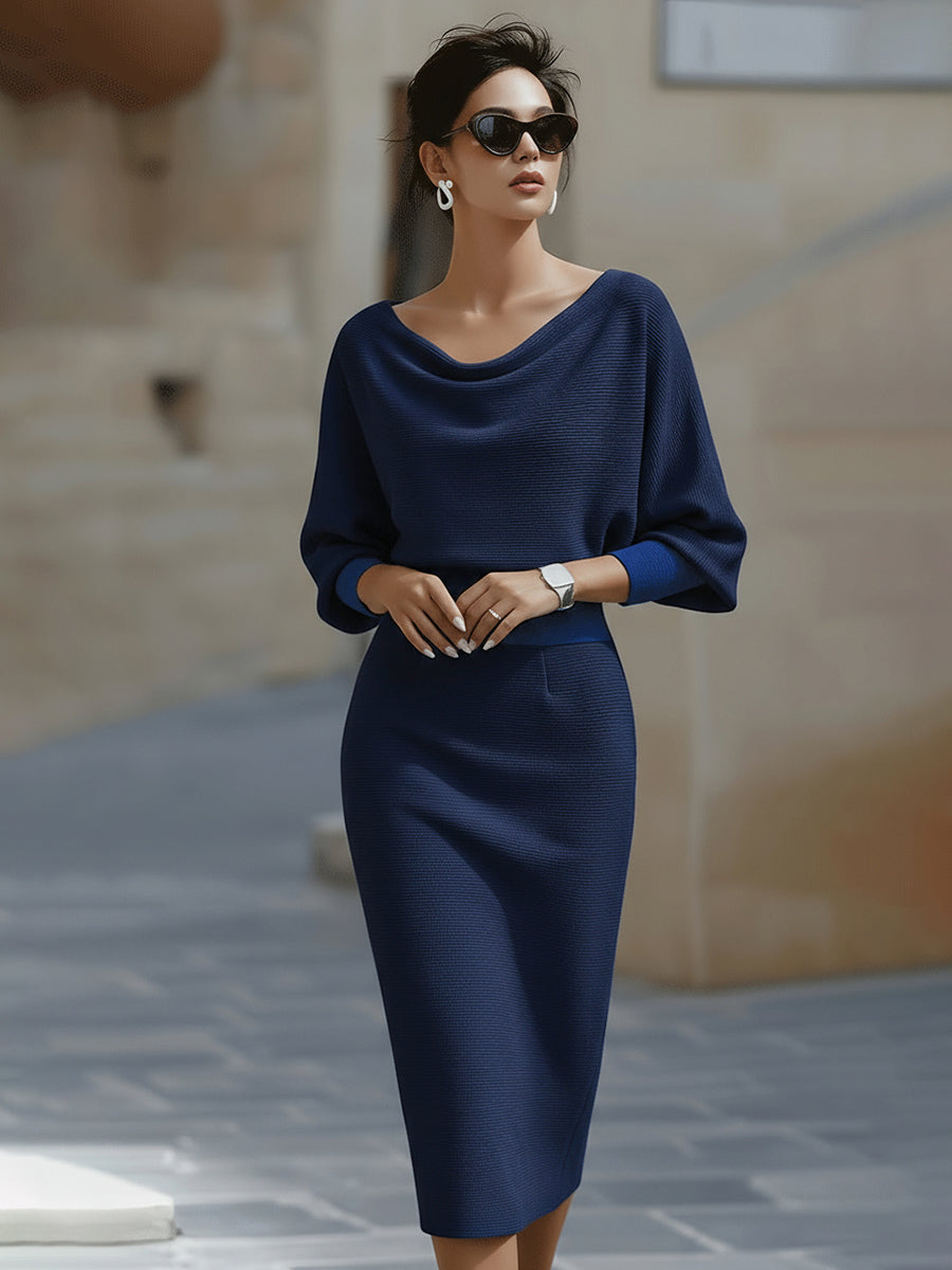 Vestido Midi de Suéter de Punto Acanalado con Mangas Murciélago para Mujer