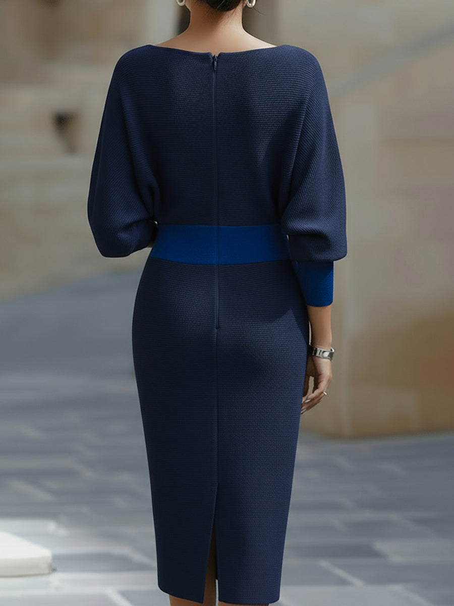 Vestido Midi de Suéter de Punto Acanalado con Mangas Murciélago para Mujer