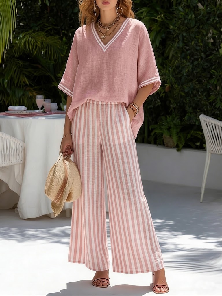 Cotton and Linen Set with Short Sleeve Top and Wide Pants for Women | Ideal for Summer