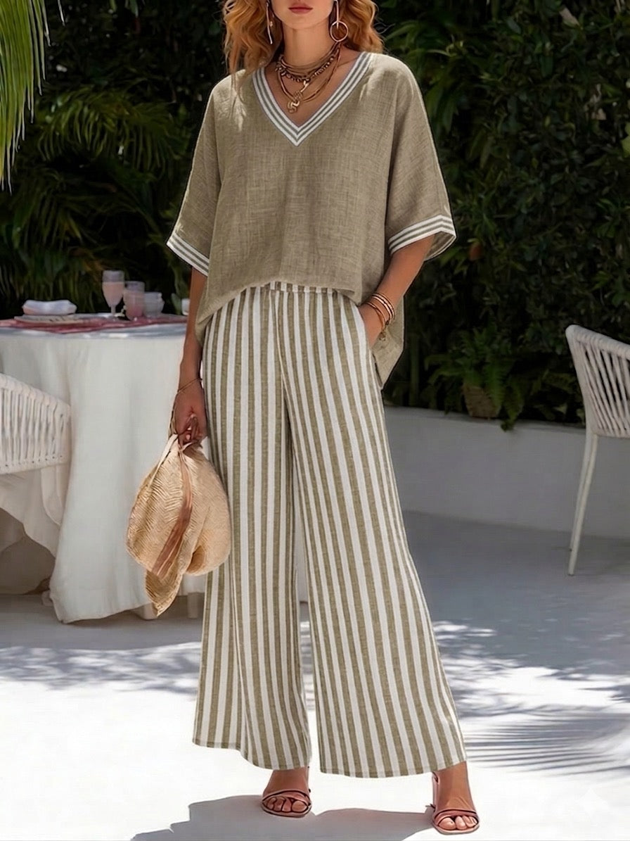 Cotton and Linen Set with Short Sleeve Top and Wide Pants for Women | Ideal for Summer