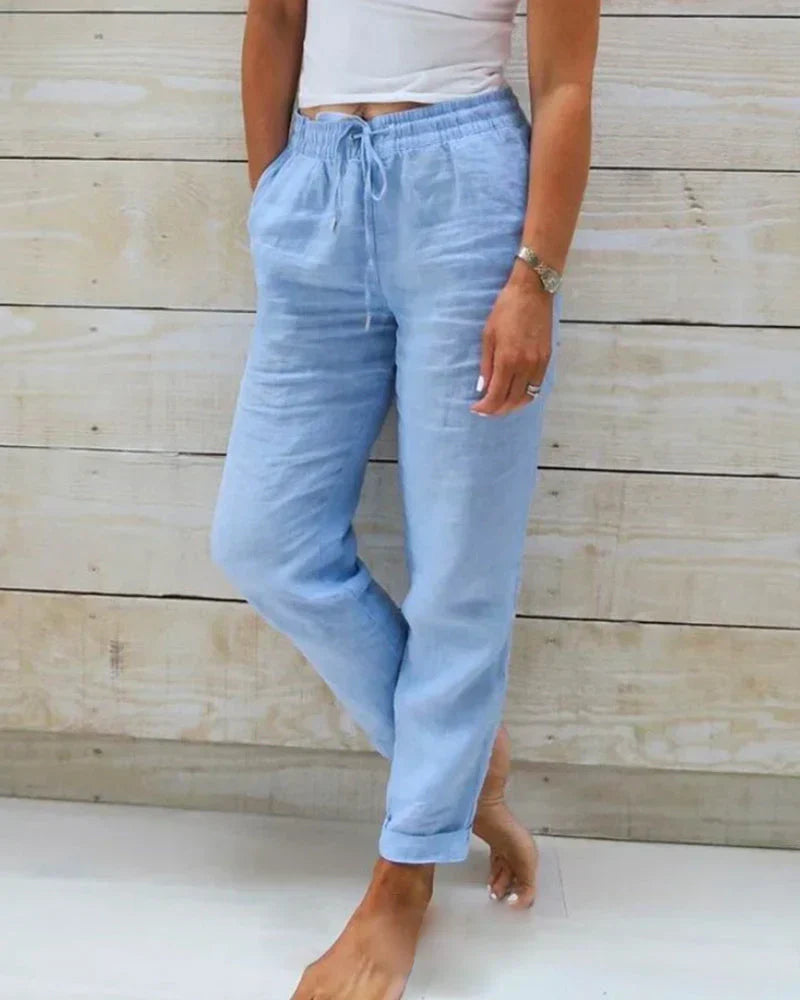 Pantalón Ancho de Lino para Mujer con Cintura Elástica