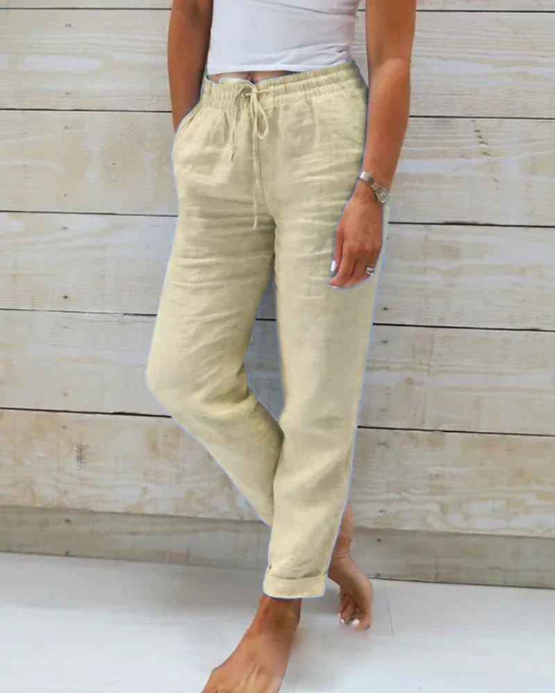 Pantalón Ancho de Lino para Mujer con Cintura Elástica