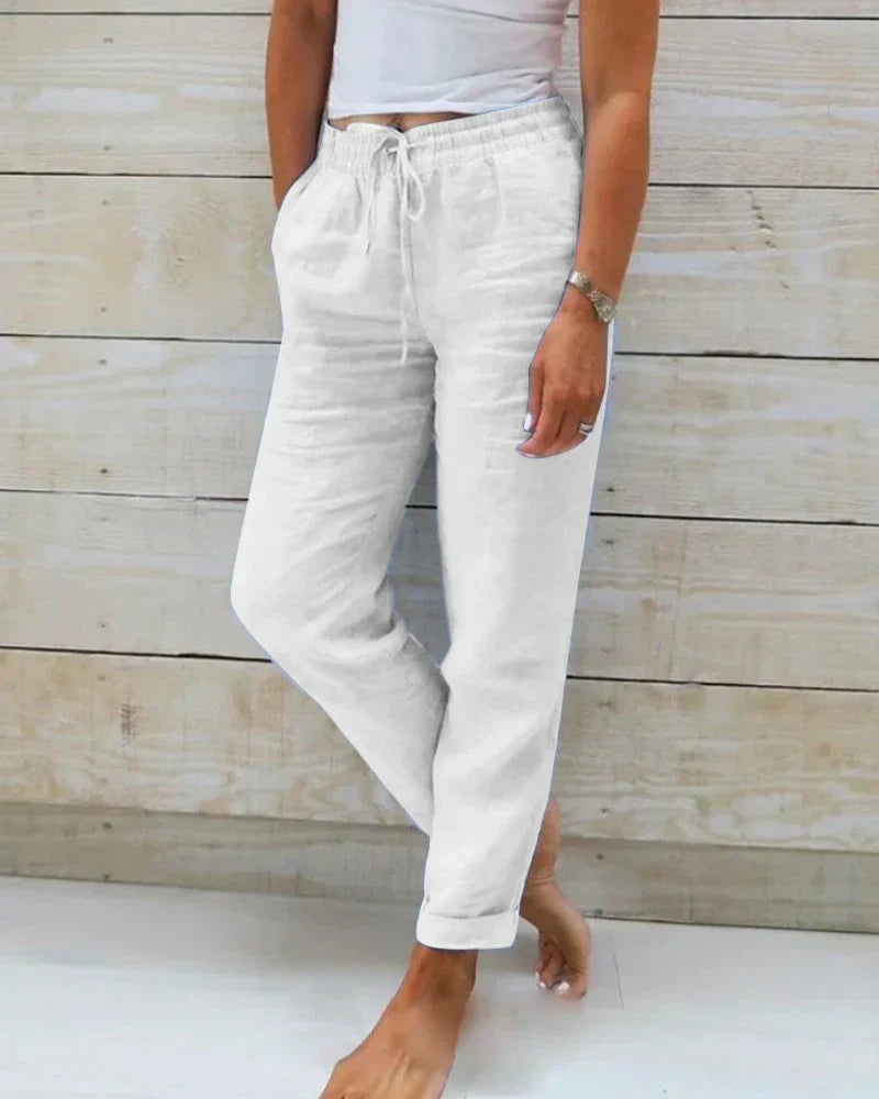 Pantalón Ancho de Lino para Mujer con Cintura Elástica
