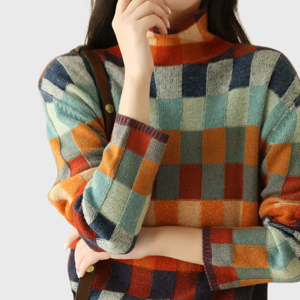 Oversized Mock Neck Color Block Long Sleeve Sweater for Women