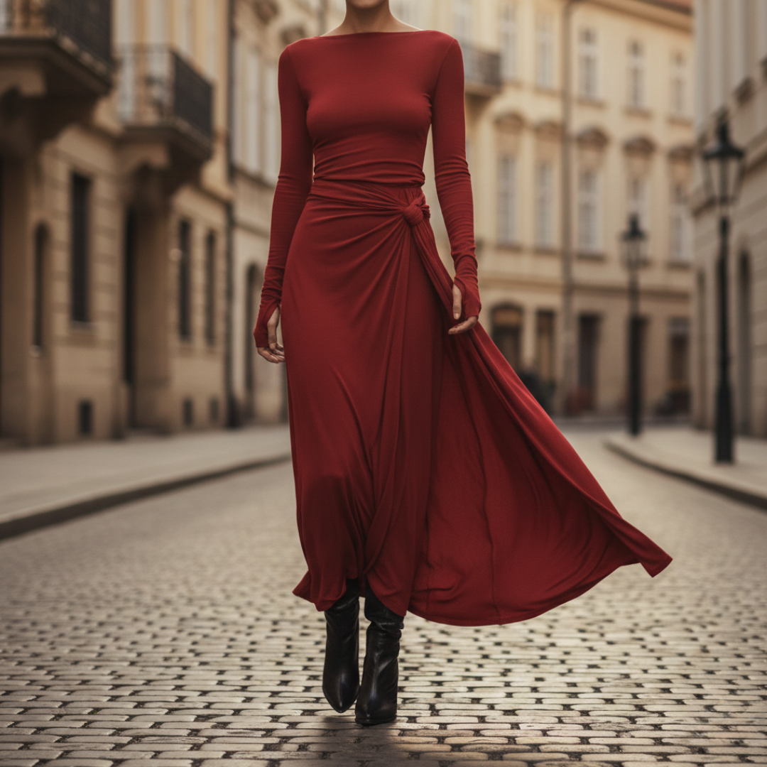 Vestido Maxi Fluido de Manga Larga con Cintura Ajustable para Mujer