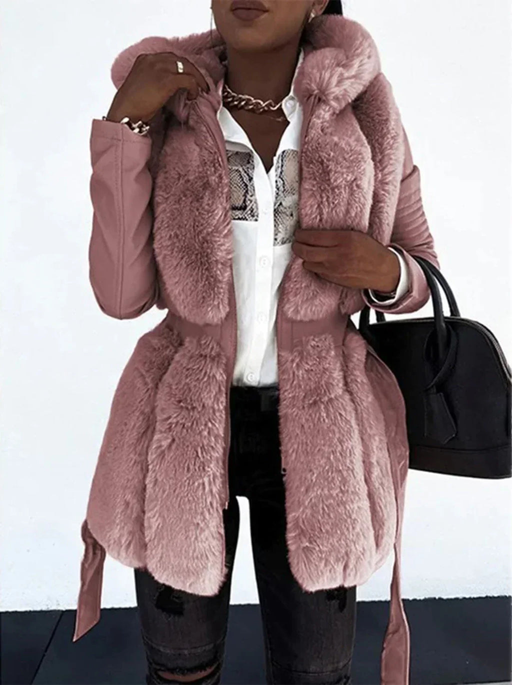 Chaqueta de Pelo Sintético con Capucha Cinturón y Mangas de Piel Sintética para Mujer