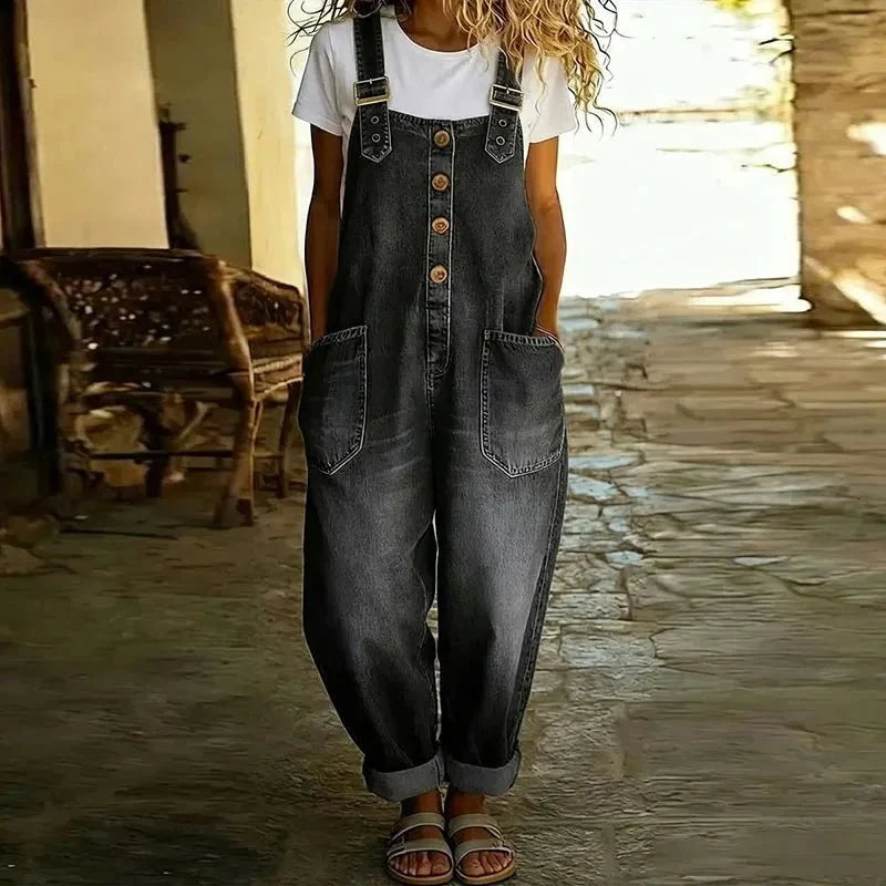 Wide Leg Denim-Look Overalls with Pockets for Women