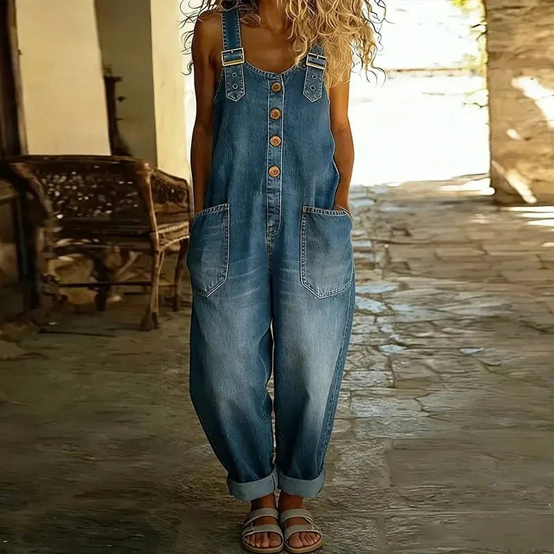 Wide Leg Denim-Look Overalls with Pockets for Women
