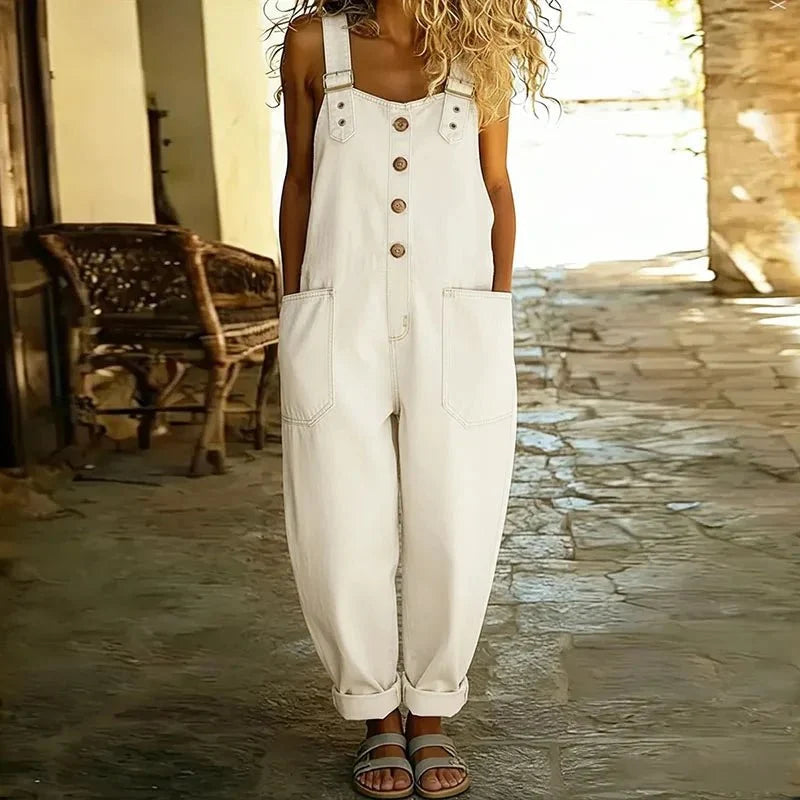 Wide Leg Denim-Look Overalls with Pockets for Women