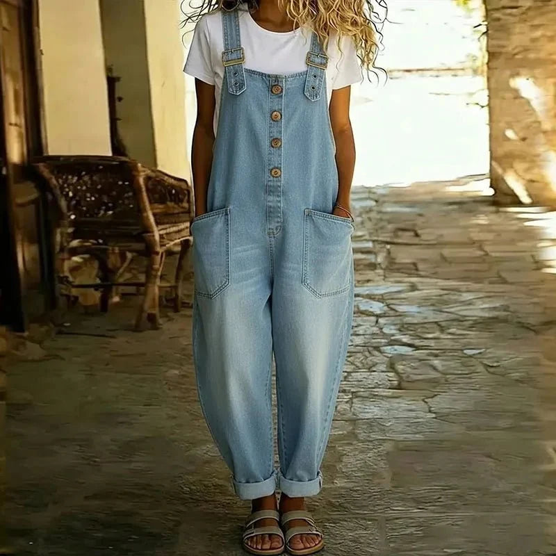 Wide Leg Denim-Look Overalls with Pockets for Women