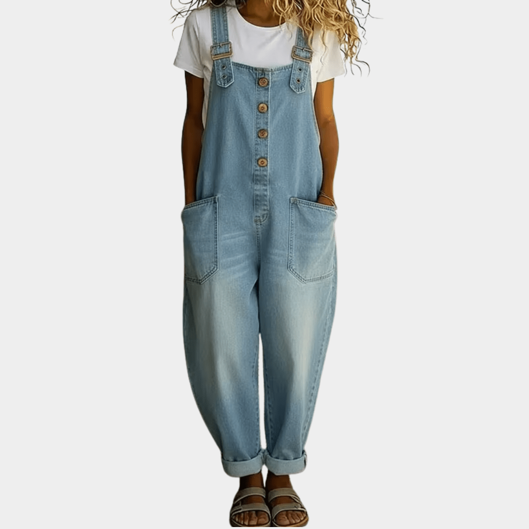 Wide Leg Denim-Look Overalls with Pockets for Women