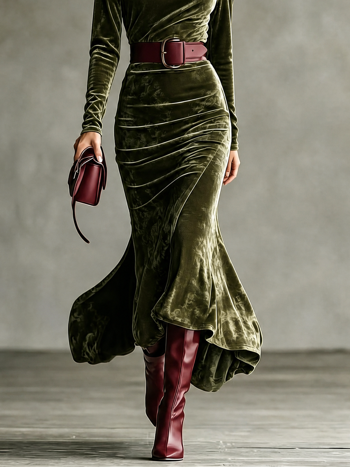 Vestido Largo de Terciopelo con Manga Larga y Cinturón para Mujer