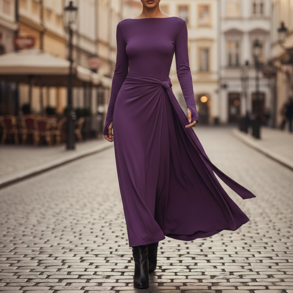 Vestido Maxi Fluido de Manga Larga con Cintura Ajustable para Mujer