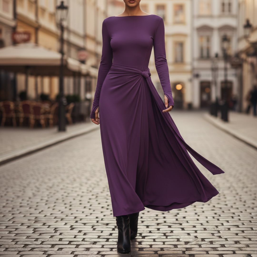 Vestido Maxi Fluido de Manga Larga con Cintura Ajustable para Mujer