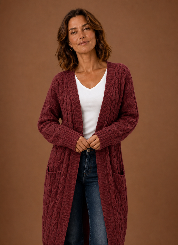Long Chunky Cable Knit Cardigan with Pockets for Women