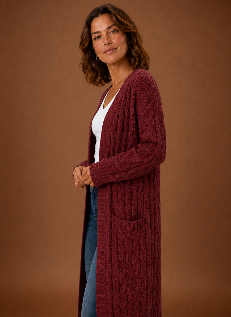 Long Chunky Cable Knit Cardigan with Pockets for Women