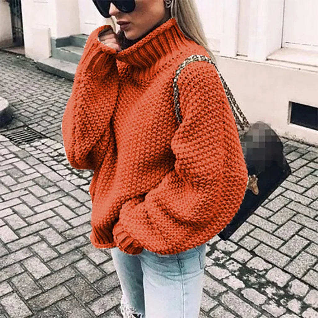Turtleneck Oversized Chunky Knit Sweater with Ribbed Cuffs for Women