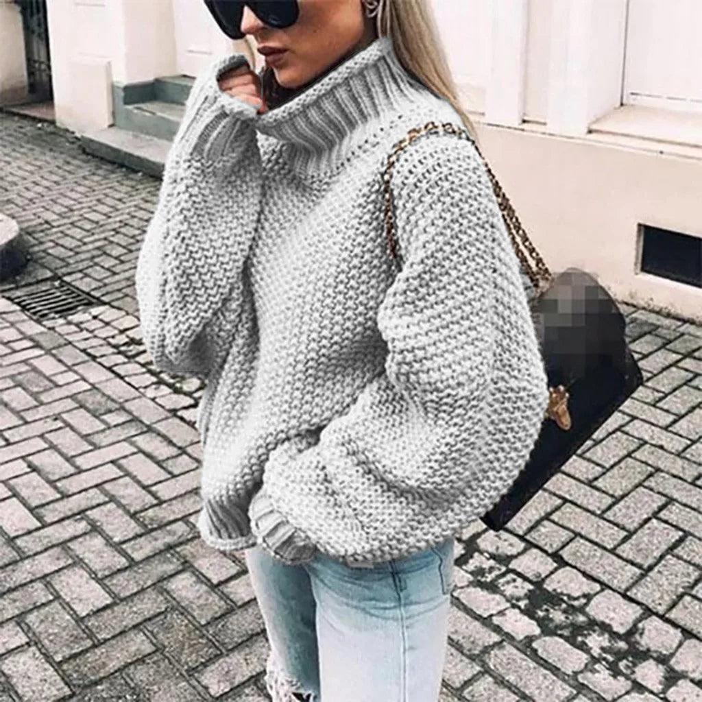 Turtleneck Oversized Chunky Knit Sweater with Ribbed Cuffs for Women