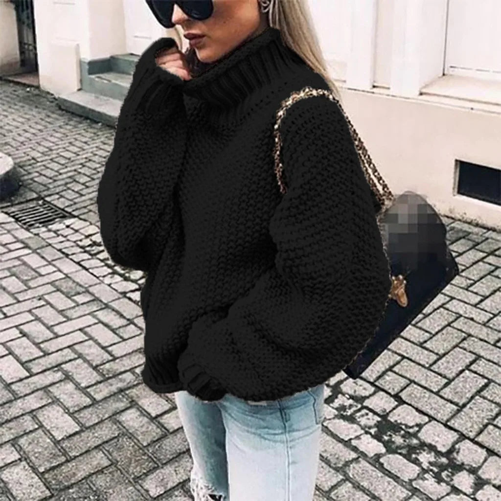 Turtleneck Oversized Chunky Knit Sweater with Ribbed Cuffs for Women
