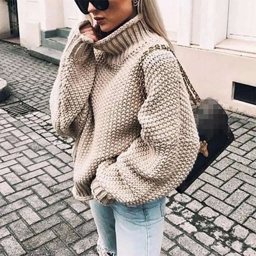 Turtleneck Oversized Chunky Knit Sweater with Ribbed Cuffs for Women