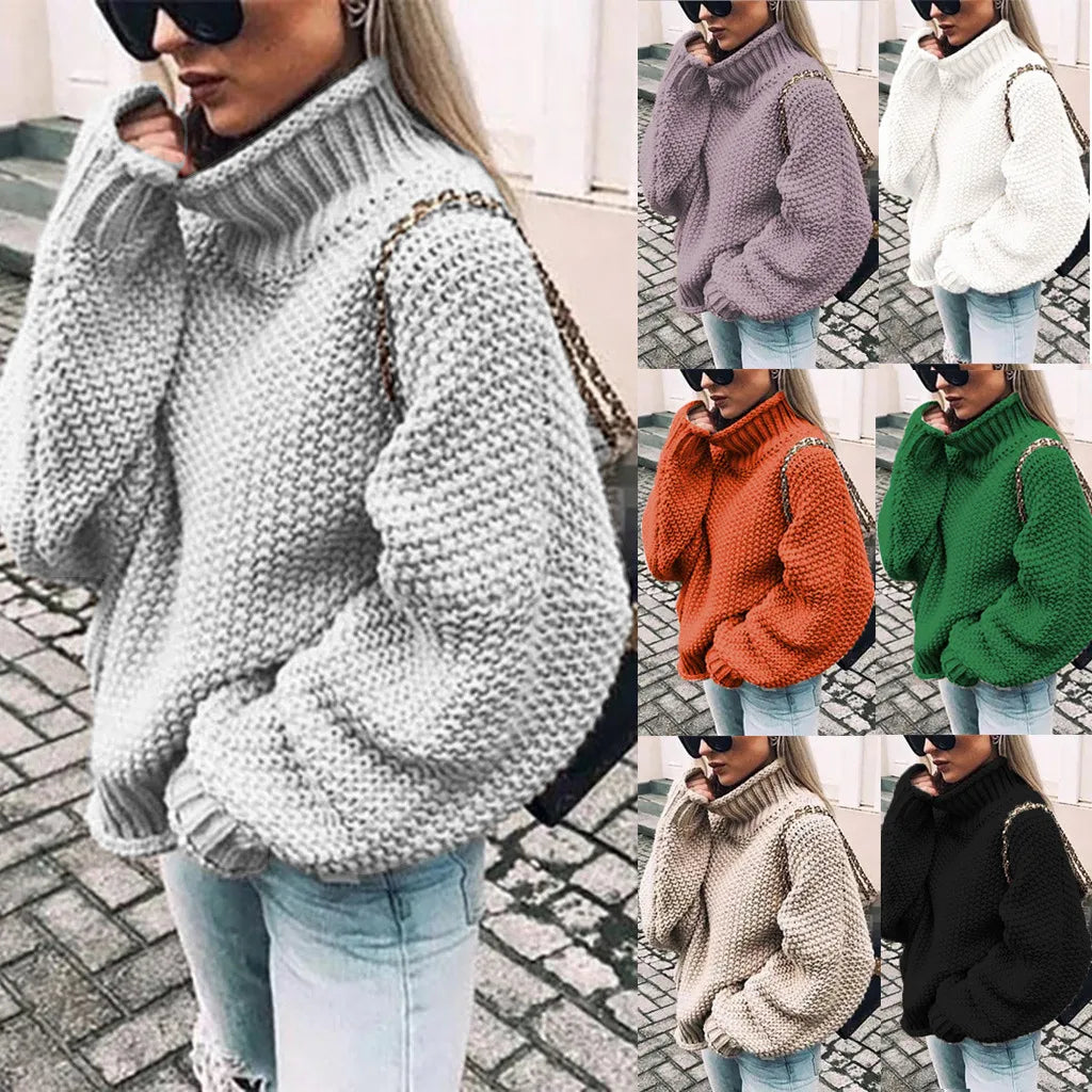 Turtleneck Oversized Chunky Knit Sweater with Ribbed Cuffs for Women