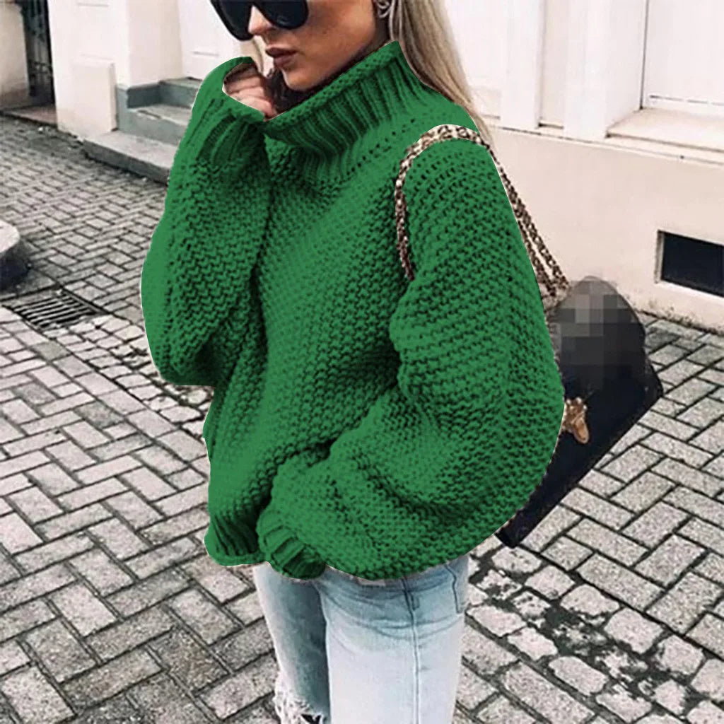 Turtleneck Oversized Chunky Knit Sweater with Ribbed Cuffs for Women
