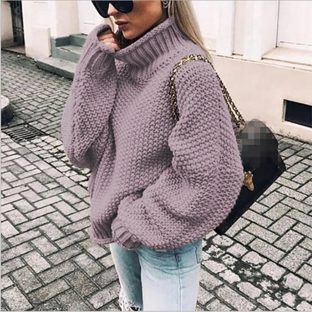 Turtleneck Oversized Chunky Knit Sweater with Ribbed Cuffs for Women