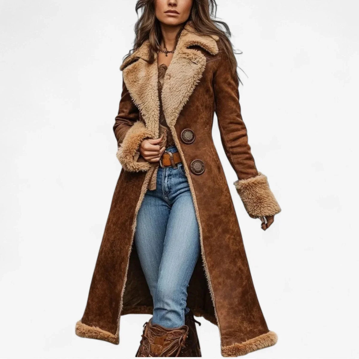 Abrigo Largo Oversized de Ante Sintético con Detalles de Piel Sintética para Mujer