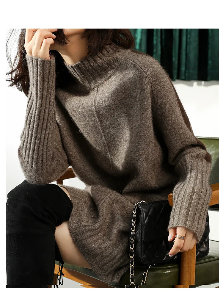 Vestido Suéter Mini de Cuello Mock Oversized de Manga Larga para Mujer