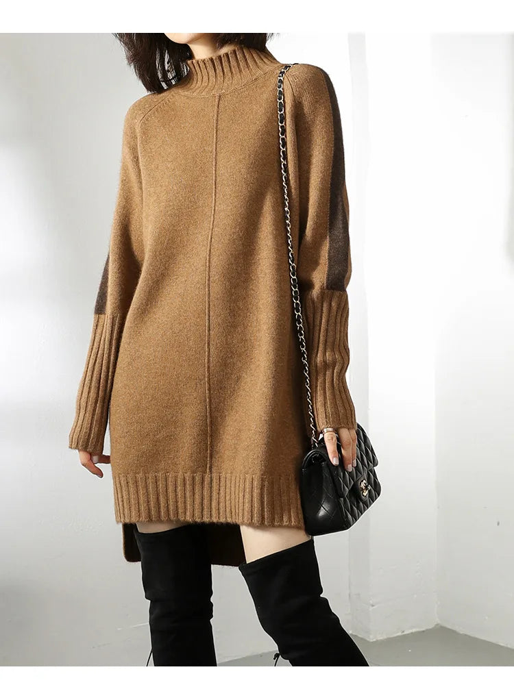 Vestido Suéter Mini de Cuello Mock Oversized de Manga Larga para Mujer