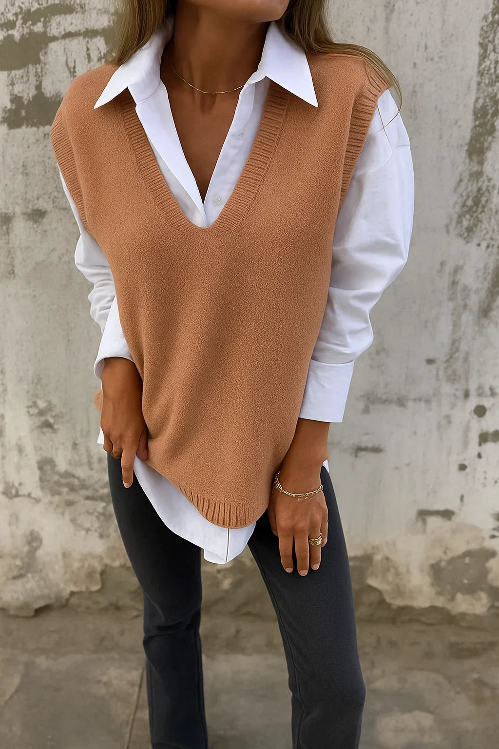 Chaleco de Suéter Sin Mangas de Cuello en V Oversized para Mujer