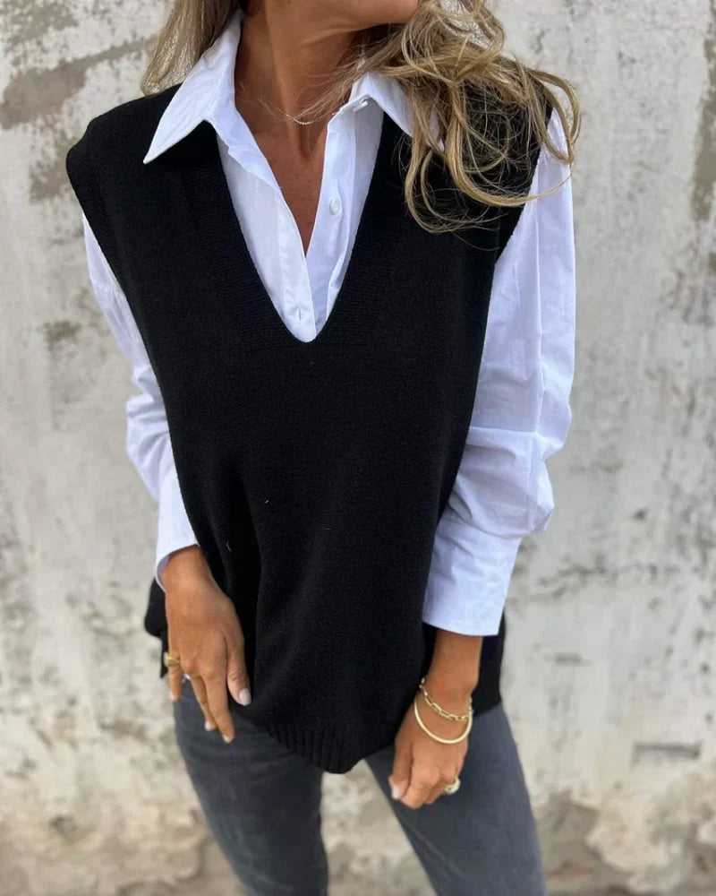 Chaleco de Suéter Sin Mangas de Cuello en V Oversized para Mujer