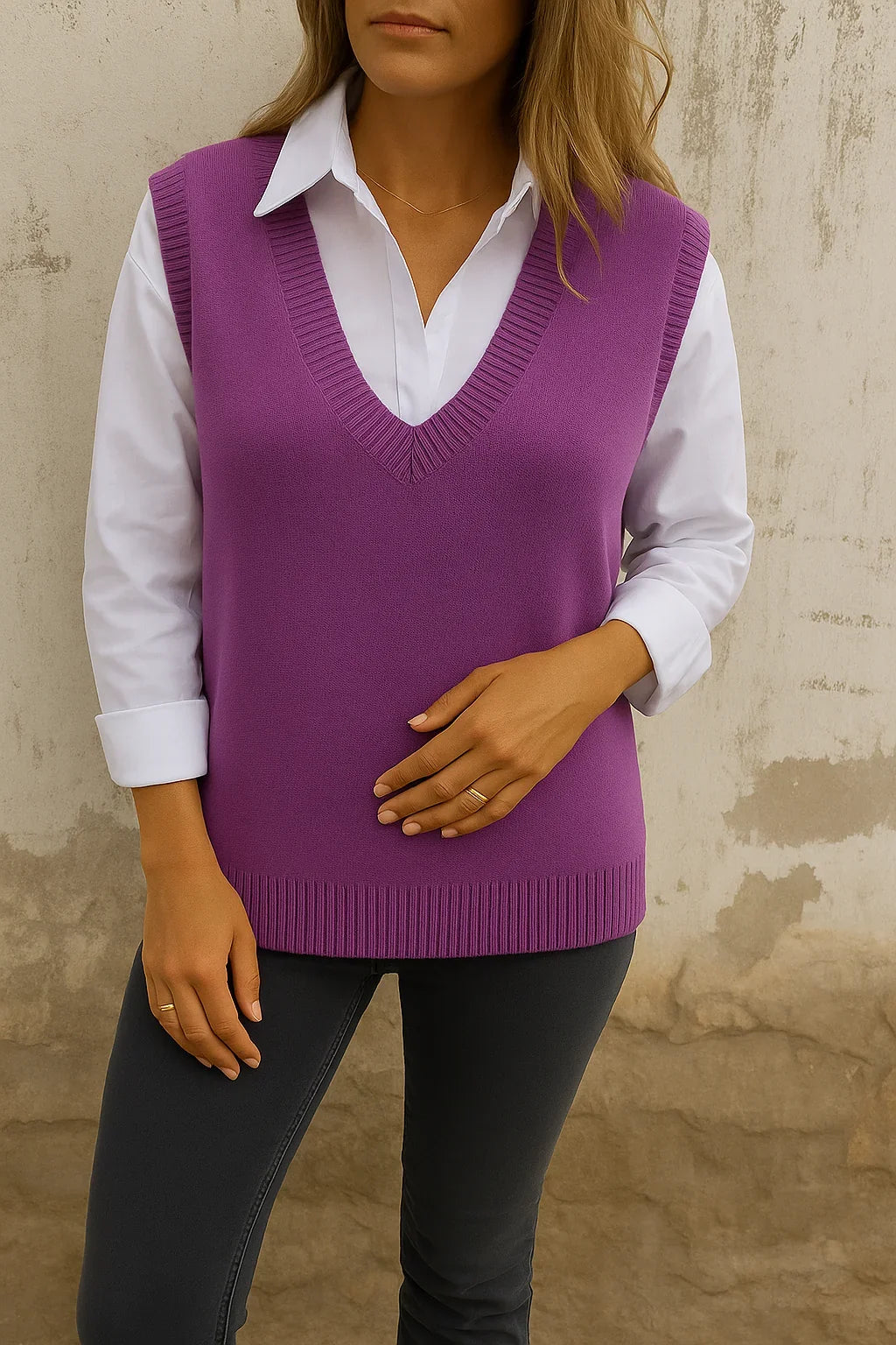 Chaleco de Suéter Sin Mangas de Cuello en V Oversized para Mujer