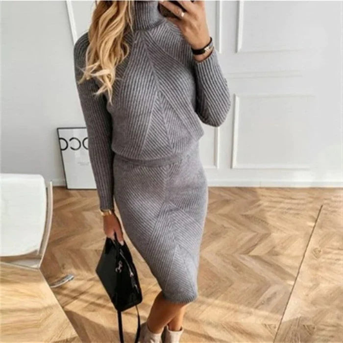 Conjunto de Suéter de Cuello Alto y Falda Midi para Mujer
