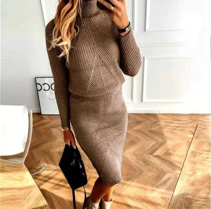 Conjunto de Suéter de Cuello Alto y Falda Midi para Mujer