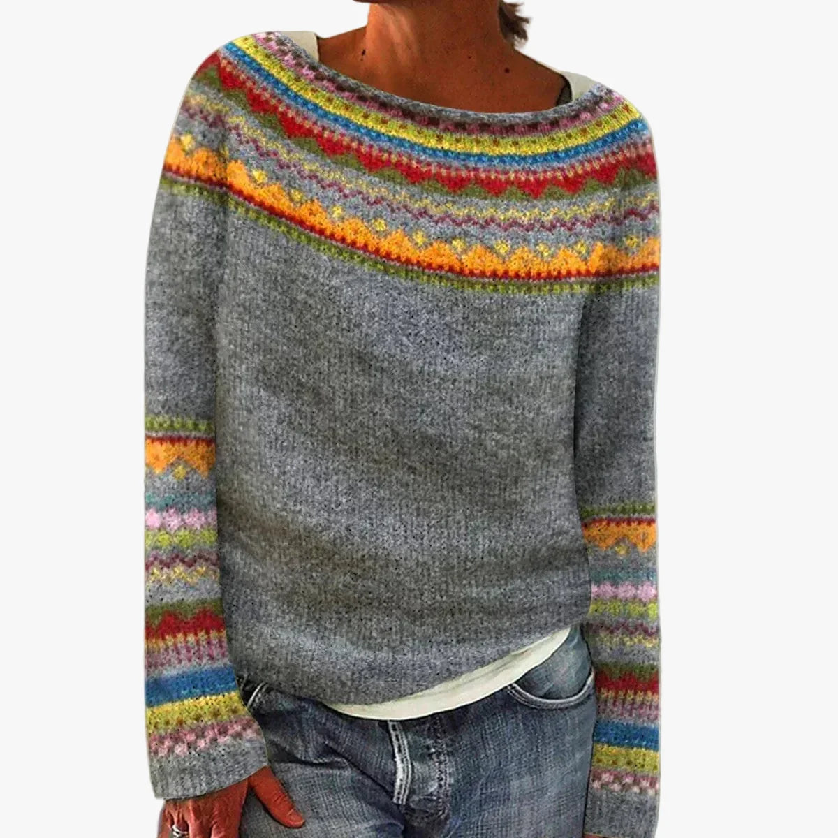 Relaxed Fit Fair Isle Boat Neck Sweater with Long Sleeves for Women
