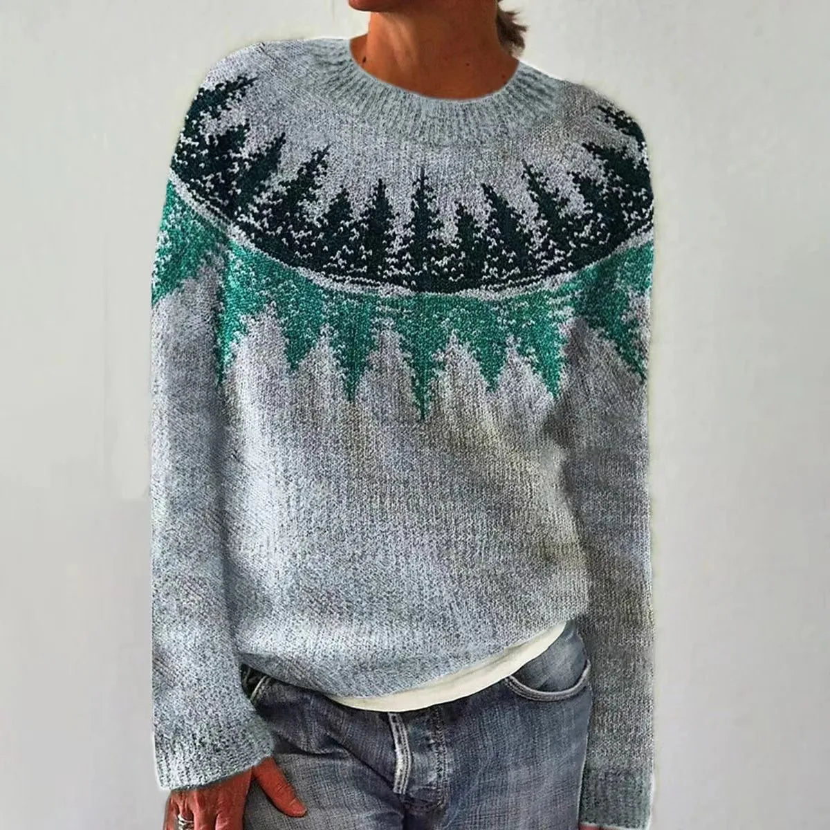 Relaxed Fit Fair Isle Boat Neck Sweater with Long Sleeves for Women