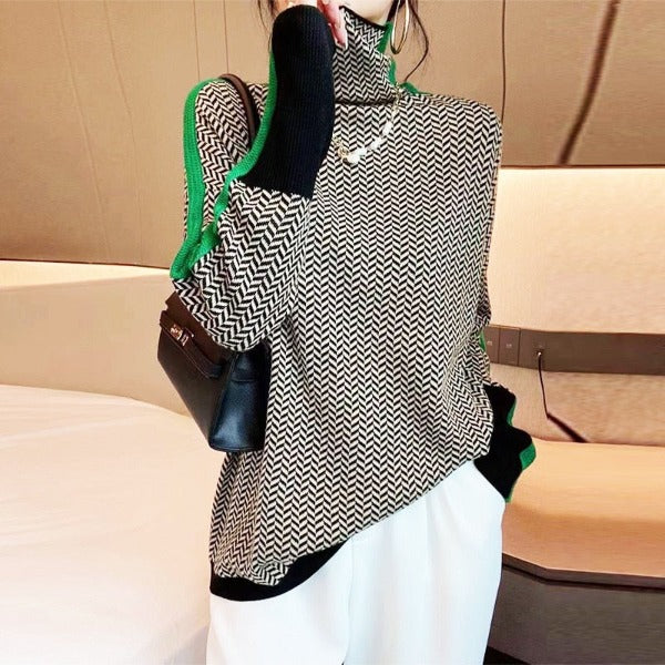 Herringbone Turtleneck Sweater with Contrast Sleeve for Women
