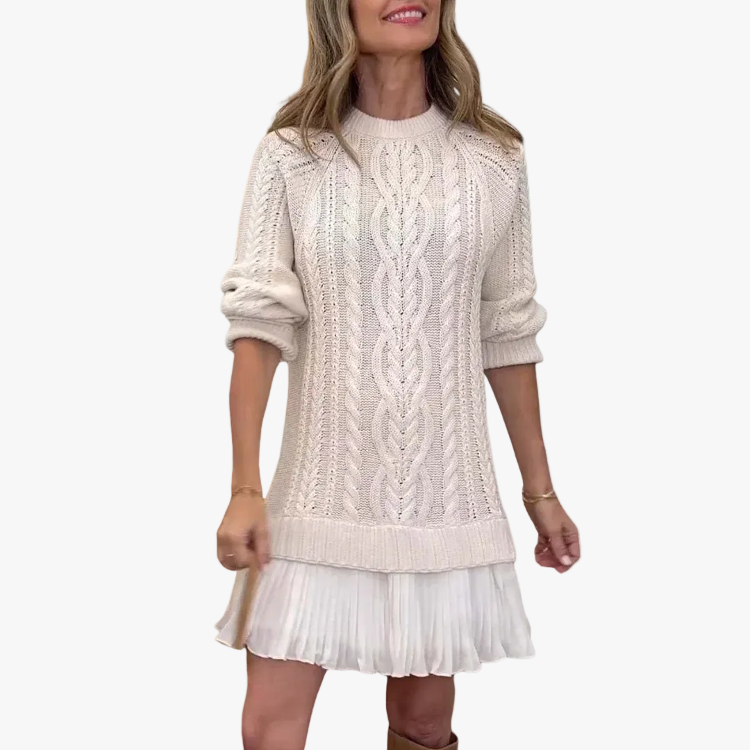 Cable Knit Sweater Dress with Pleated Skirt for Women