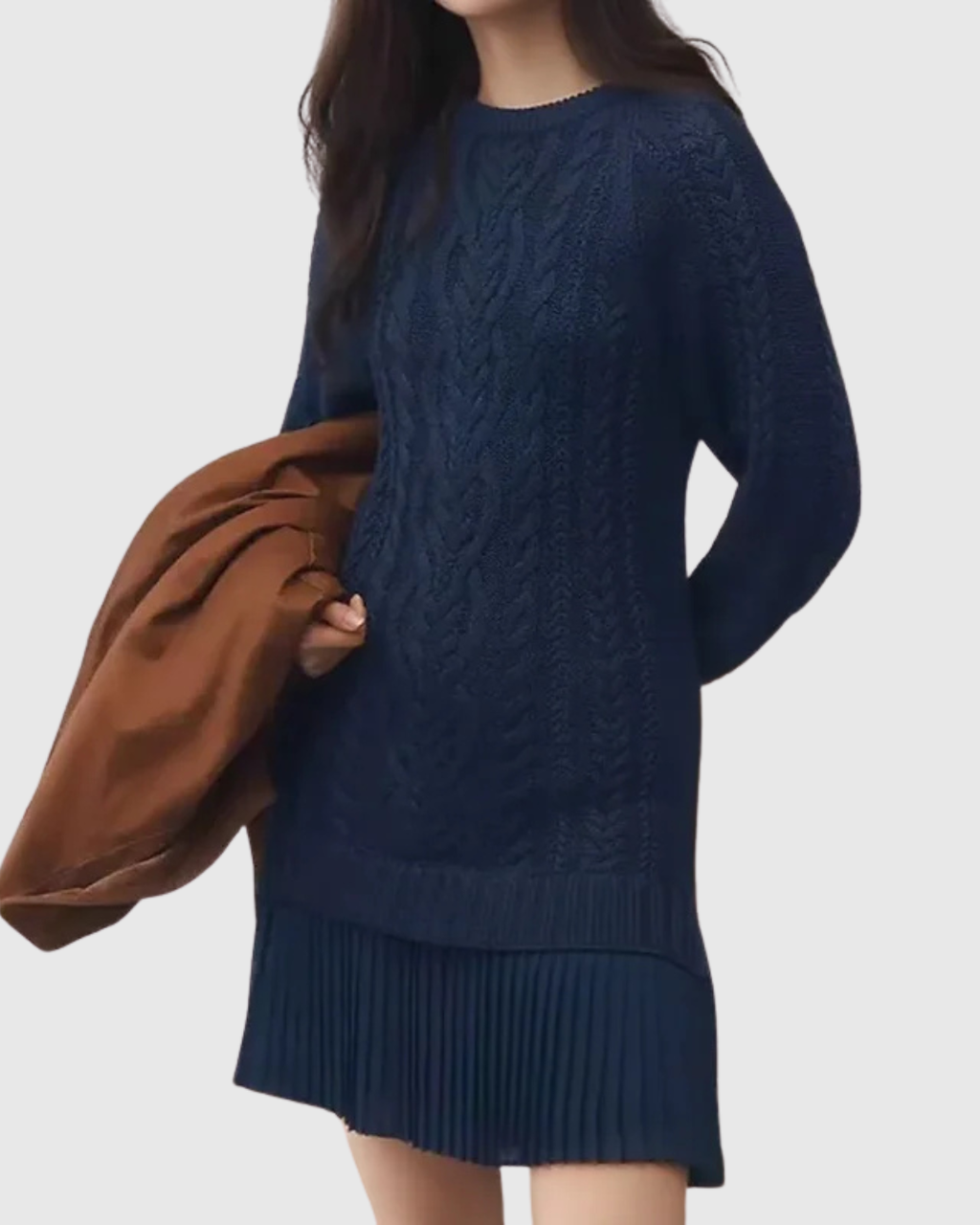 Cable Knit Sweater Dress with Pleated Skirt for Women
