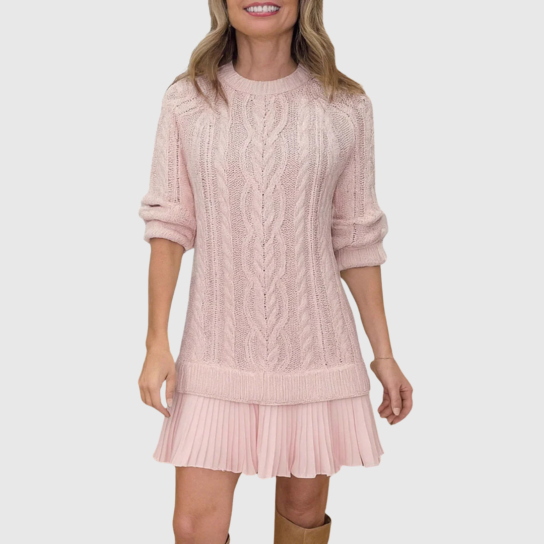 Cable Knit Sweater Dress with Pleated Skirt for Women