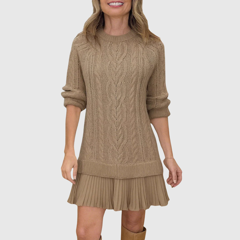 Cable Knit Sweater Dress with Pleated Skirt for Women