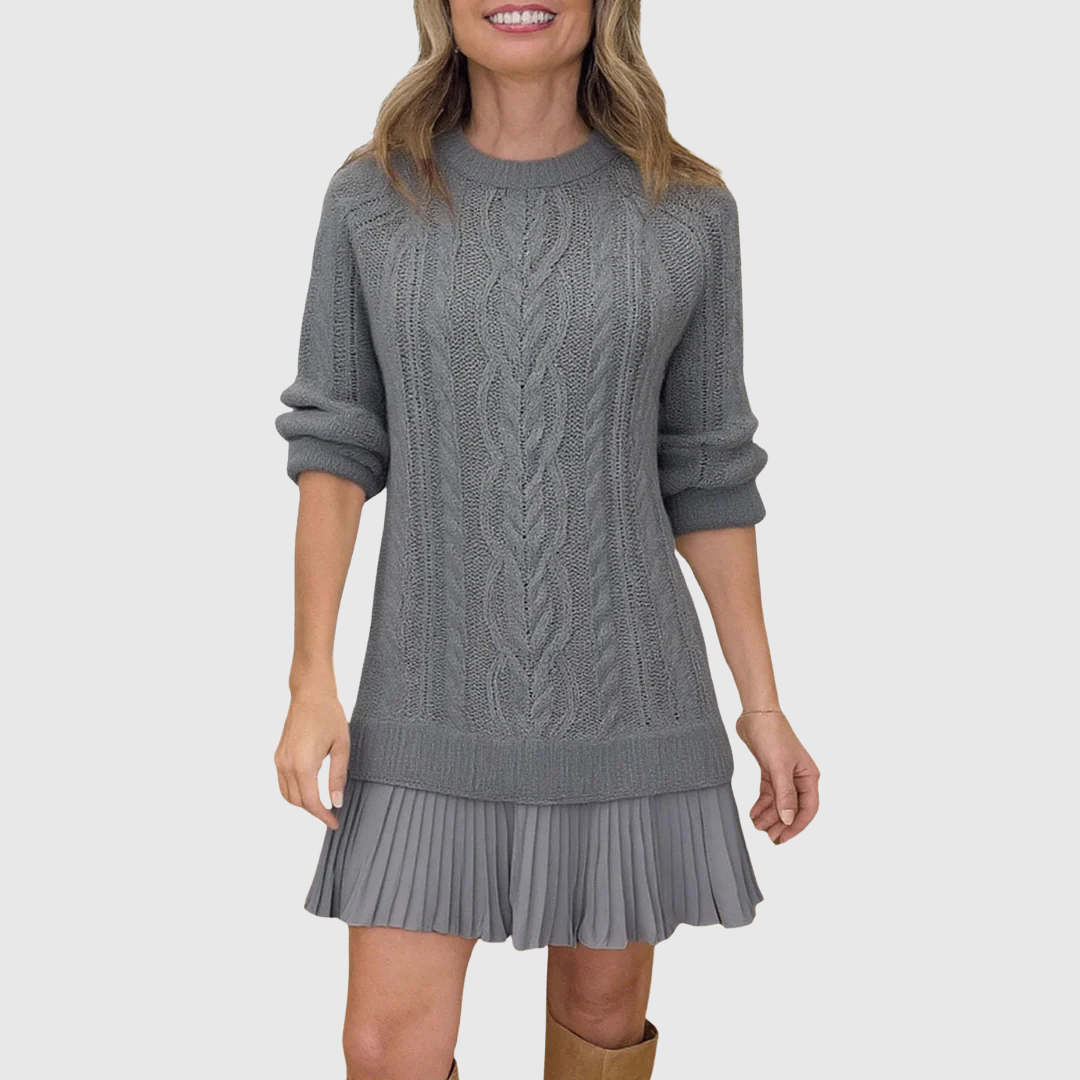 Cable Knit Sweater Dress with Pleated Skirt for Women