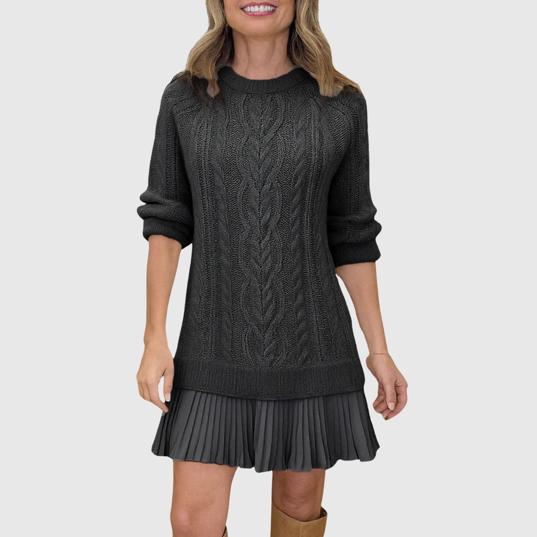 Cable Knit Sweater Dress with Pleated Skirt for Women